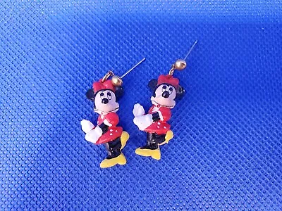 Vintage Disney Minnie Mouse Red Dress And Bow 3D Earrings Dangle Gold Tone Studs • $7.95