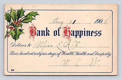 Antique Old Postcard BANK Of HAPPINESS Check 365 Days Memphis TN 1909 Cancel • $7.99