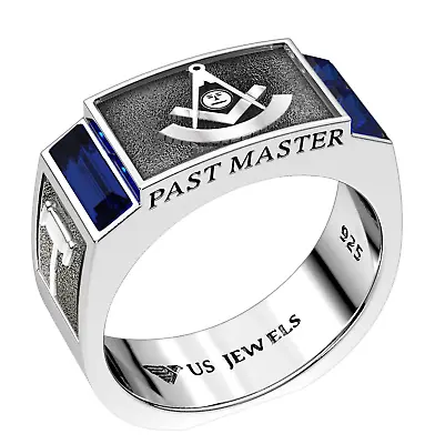 Men's 8mm 0.925 Sterling Silver Past Master Synthetic Sapphire Masonic Ring Band • $149.99