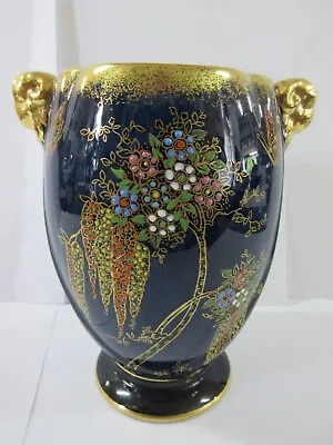 Crown Devon Fieldings England Lustre Dark Blue Vase Ram Head Handles • $295