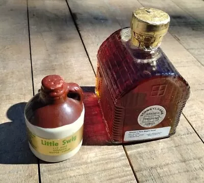 Vintage Glass Log Cabin Pennsylvania Syrup And Little Swig 1/7 Pint Stone Jug • $20