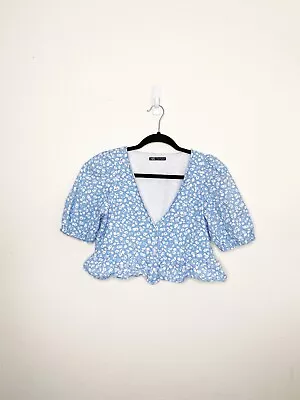 Zara Medium Blue Floral Peplum Top • $12