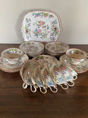 28pc MINTONS ANTIQUE HANDPAINTED TEA TRIO FLORAL & CUCKOO CUP /SAUCER /TEA PLATE • $199