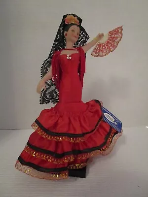 Marin Spanish Flamenco Dancer Chiclana 10  Doll In Red Dress On Wooden Stand Vtg • $36