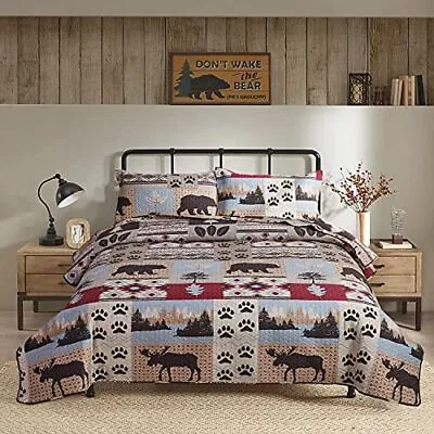 Moose Bear Quilts King Size Rustic Cabin Bedspread Forest Pine Tree Leaves Be... • $49.77