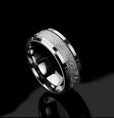 Men's Ring Meteorite Inlay Titanium Steel Wedding Fashion Band 8mm Silver • £5.48
