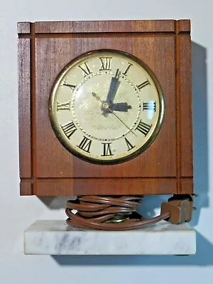 Vintage Lanshire Wood Clock On Marble Pedestal Electric Works Missing Trophy? • $49.95