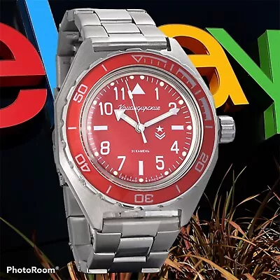 New Mens Military Automatic Watch Vostok Komandirskie 650840 Red Dial (20 ATM) • $139.90