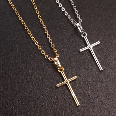 Simple Silver Gold Plated Cross Pendant Necklace Women Men's Jewelry Gift • $0.73