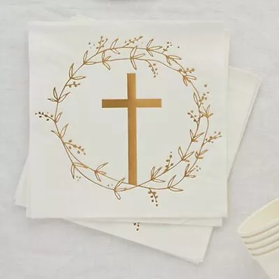 Gold Cross Paper Napkins | Christening Baptism Communion Partyware X 16 • £6.95