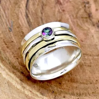 925 Solid Sterling Silver Rainbow Mystic Topaz Handmade Spinner RingEthnic Gift • $23.08