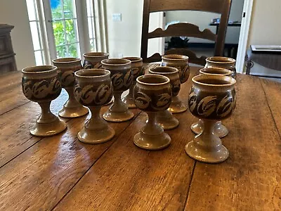 Large Lot Of 12 Vintage Handmade Stoneware Wine Goblets • $200