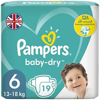 19 X Pampers Baby Dry Nappies 12 Hour Size 6 Flexible Sides 13-18kg Carry Pack • £8.94