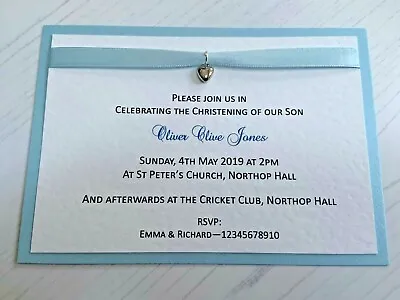 £25 • Buy Christening Invites - Baby Blue Ribbon & Silver Heart Charm - Pack Of 20