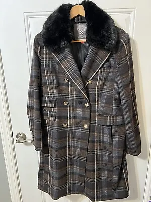 Vince Camuto Plaid Double-Breasted Wool Pea Coat W/ Faux Fur Collar Gold Buttons • $34.99