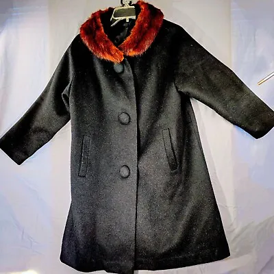 VTG 50 60's  ILGWU  Womens Black Wool & Fur Collar Dress Coat Sz 10 Satin Lined  • $69.98