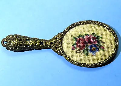 Vintage Brass Hand Held Vanity Mirror Victorian Floral Needlepoint 5  • $24.50