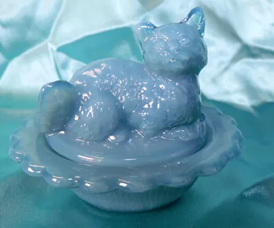 Georgia Blue Milk Glass Mini Cat (Hen) On Nest Salt Dish & Ring Holder Mosser • $15