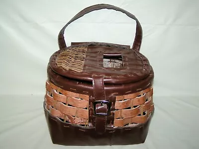 Vintage MLD WOOD Wicker & Leather Creel Basket Fly Fisherman Trout Fishing • $31.99