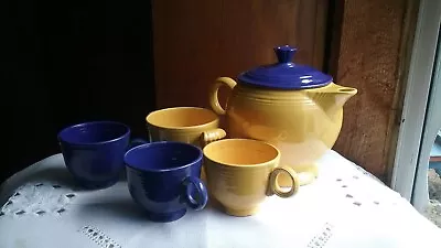 Vintage FIESTAWARE 5 Pcs (tea Pot/ring Handled Cups/sugar Bowl) Blue And Yellow • $42.75