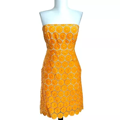 Shoshanna Tangerine Lace Strapless Dress Womens 2 Eyelet Cotton Lined Orange  • $29.99