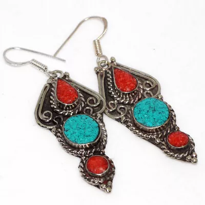 12gms Tibetan Turquoise Red Coral Nepali Tribal Earrings 2.5  JW • $4.99