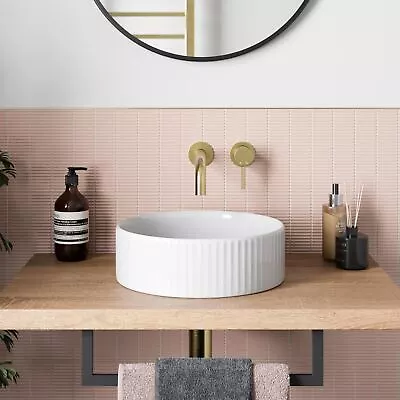 Bathroom Countertop Basin Sink Fluted Gloss White Round Modern 360 X 360mm • £79.99