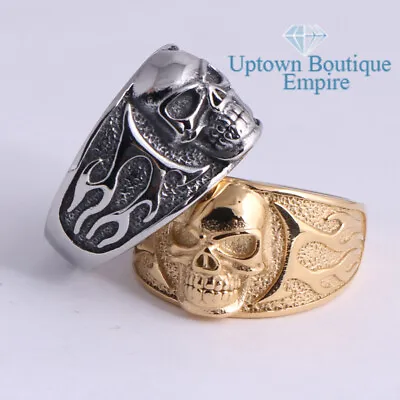 Men Gold Plated Stainless Steel Gothic Motorcycle Biker Skull Band Pinky Ring • $14.99