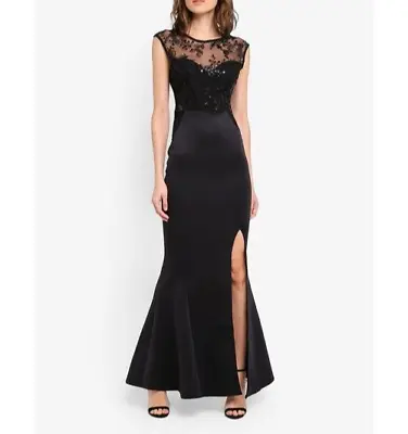 Black Lace Sequin Maxi Dress 12 Side Split Party Occasion Evening Wedding Prom • £34.99