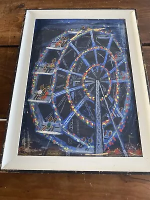 Original Vintage Painting Carnival Ferris Wheel Signed Uniqueunusual • $10