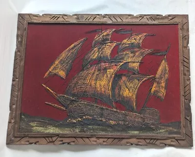 Ship Drip Painting On Red Velvet Mexico Frame Black Gallion Vtg MCM 40x30 Elvis • $179.99