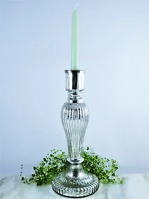 Silver Mercury Glass Taper Candle Holder Hollow Shiny 11 Inches High Single • $17.99