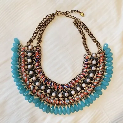 Zara Statement Bibbed Necklace Choker Blue Navy Bright Beaded Fringe Boho • $12