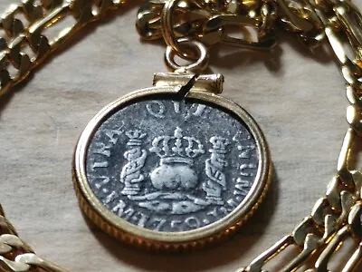 Actual 1759 Spanish Silver Coin Pendant 18  Figaro Chain. Certificate Authentic • $438.90