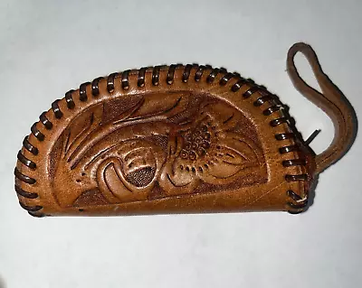 Vintage Hand Tooled Leather Flower Floral Zipper Coin Purse • $15.99