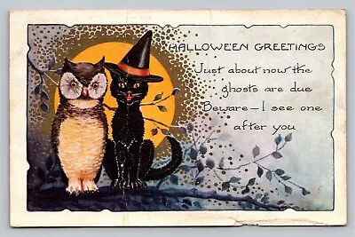 Halloween Greetings Whitney Black Cat W Hat Owl Full Moon VTG EMB C1934 Postcard • $29.95