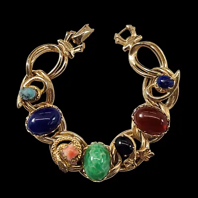 Multi Faux Gemstone Charm Bracelet Chunky Chain Art Peking Glass Vintage 7.5  • $50.96