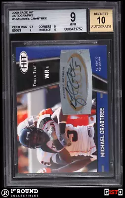 POP 1: Michael Crabtree BGS 9 W 10 AU: 2009 SAGE HIT Autographs Gisto • $44.99