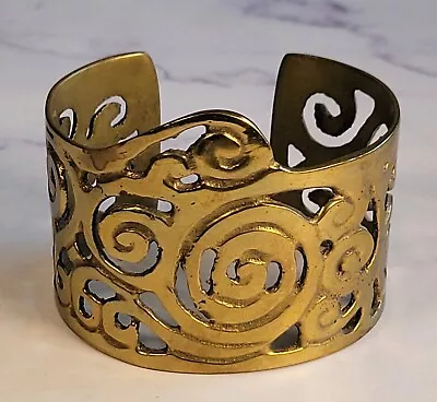 Modernist Brass Cuff Bracelet Open Work 2” X 2 1/4  Wide FREE SHIPPING ❤️ • $14.99