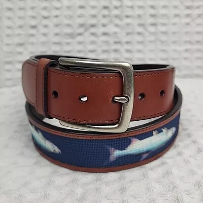 Columbia Men's Leather Fish Belt Size 38 Blue Brown Fishing Fisherman Salmon • $24.99