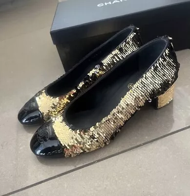 AUTHENTIC Chanel Black Gold Ballet Block Heel Shoes 37.5 NIB Sophia Richie Style • $250