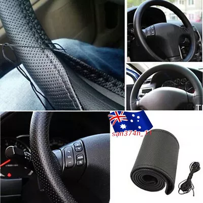 Car Truck Leather Steering Wheel Cover With Needles And Thread Black DIY AUS • $11.49