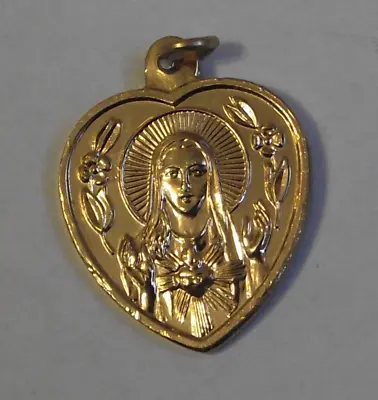 Vtg Gold Tone Aluminum Ornate Heart Shape Mary Jesus Sacred Heart Pendant Medal • $10