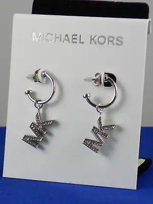 Michael Kors Silvertone Pave MK Block Logo Drop Huggie Hoop Earrings MKJ8008 040 • $74.99