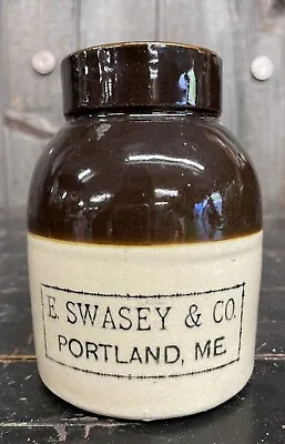 Antique Late 1800s E. Swasey & Co. Portland Maine 1 Pt 2 Tone Oyster Jug Crock • $275