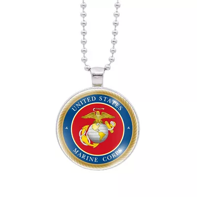 US Marine Corps Emblem Cabochon Glass Pendant Stainless Steel Chain Necklace • $6.99