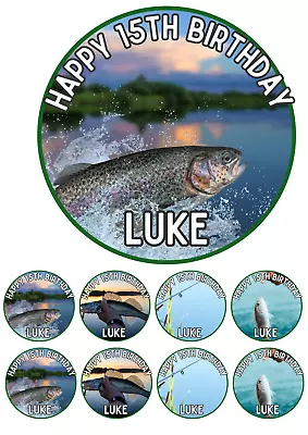 Edible 7.5  Round  Fishing Cake Topper + 8 Cupcake Topper Wafer/icing Uncut • £4.80