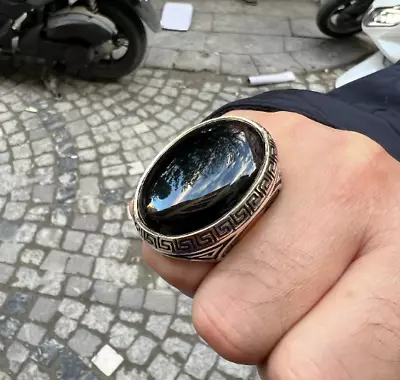 Large Black Onyx Gemstone Ring  Mens Handmade Ring  Men Sterling Silver Ring • $165