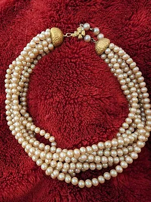 Vintage Faux Pearl Multi Strand Necklace With Gold Tone Clasp Nice Costume Piece • $15