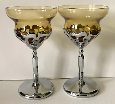 Cambridge AMBER YELLOW Glass FARBERWARE FARBER BROS Facet Stem Goblet Chrome X2 • $29.99